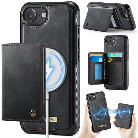 Dteck Detachable Magnetic Wallet Case for iPhone 16e/17e,Shockproof Leather+TPU Card Slots Cash Pocket RFID Blocking Case Compatible with Mag Safe Kickstand Cover ,Black