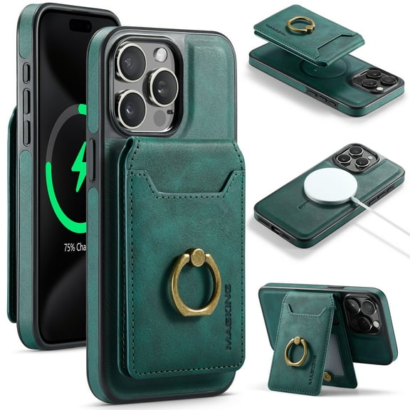 Dteck Detachable RFID Wallet Case for iPhone 15 Pro,Magnetic Leather 2 in 1 Removable Compatible with MagSafe Case Card Slots Wallet Ring Stand Shockproof Rubber Cover,Green