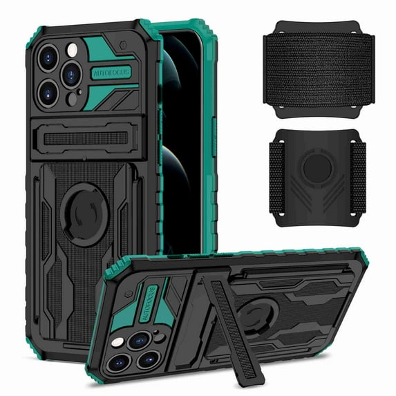 Dteck Detachable Sports Wristband Case for iPhone 13 Pro Max, Shockproof Hard PC TPU Bumper Hybrid Kickstand Hiking Biking Walking Gym Running Workout Exercise Arm Band Cover Case (Darkgreen)