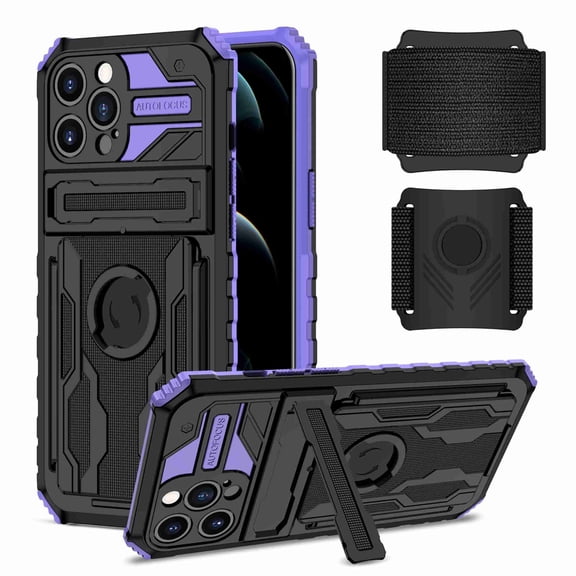 Dteck Detachable Sports Wristband Case for iPhone 13 Pro, Shockproof Hard PC TPU Bumper Hybrid Kickstand Cover, Great for Hiking Biking Walking Gym Running Workout Exercise Arm Band Case (Purple)
