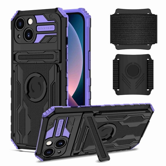Dteck Detachable Sports Wristband Case for iPhone 13, Shockproof Hard PC Silicone Bumper Hybrid Kickstand Cover, Great for Hiking Biking Walking Gym Running Workout Exercise Arm Band Case (Purple)