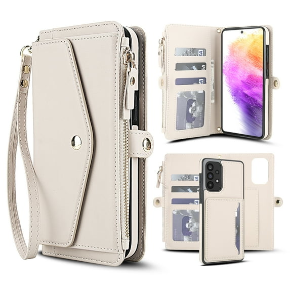 Dteck Detachable Wallet Case for Samsung Galaxy A14 5G,Magnetic Leather Case 2 in 1 Card Slots Pocket Compatible with MagSafe Shockproof Cover with Wrist Strap/Shoulder Strap,White