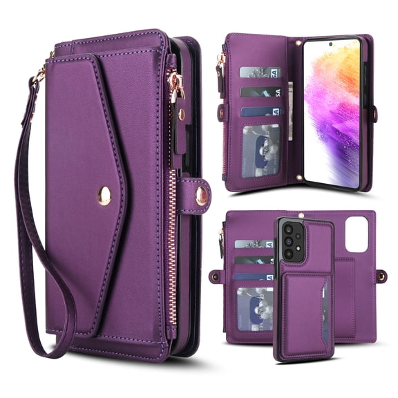 Dteck Detachable Wallet Case for Samsung Galaxy A16 5G,Magnetic Leather Case 2 in 1 Card Slots Pocket Compatible with MagSafe Shockproof Cover with Wrist Strap/Shoulder Strap,Purple
