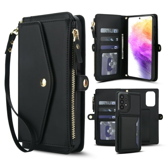 Dteck Detachable Wallet Case for Samsung Galaxy A52 5G,Magnetic Leather Case 2 in 1 Card Slots Pocket Compatible with MagSafe Shockproof Cover with Wrist Strap/Shoulder Strap,Black