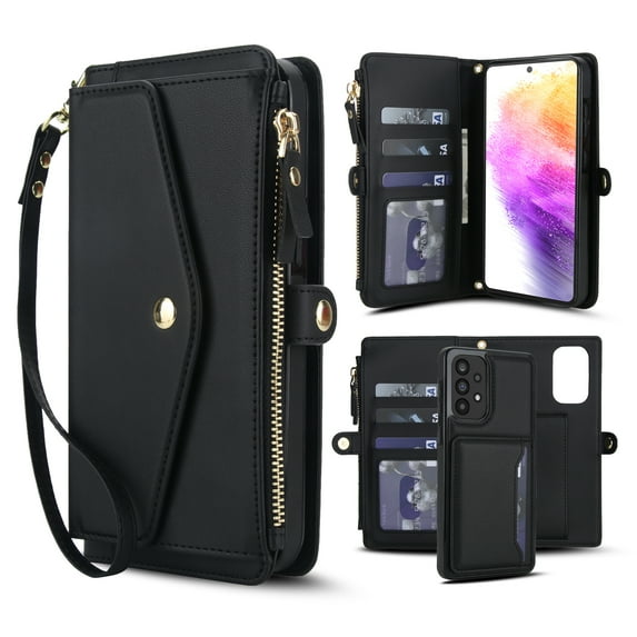 Dteck Detachable Wallet Case for Samsung Galaxy A53 5G,Magnetic Leather Case 2 in 1 Card Slots Pocket Compatible with MagSafe Shockproof Cover with Wrist Strap/Shoulder Strap,Black