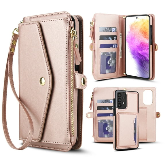 Dteck Detachable Wallet Case for Samsung Galaxy A55,Magnetic Leather Case 2 in 1 Card Slots Pocket Compatible with MagSafe Shockproof Cover with Wrist Strap/Shoulder Strap,Rosegold