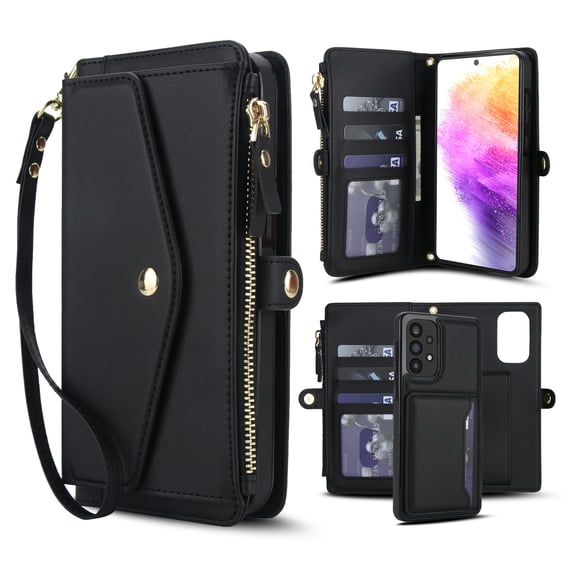 Dteck Detachable Wallet Case for Samsung Galaxy A56 5G,Magnetic Leather Case 2 in 1 Card Slots Pocket Compatible with MagSafe Shockproof Cover with Wrist Strap/Shoulder Strap,Black