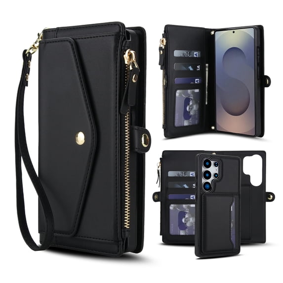 Dteck Detachable Wallet Case for Samsung Galaxy S21 FE,Magnetic Leather Case 2 in 1 Card Slots Pocket Compatible with MagSafe Shockproof Cover with Wrist Strap/Shoulder Strap,Black