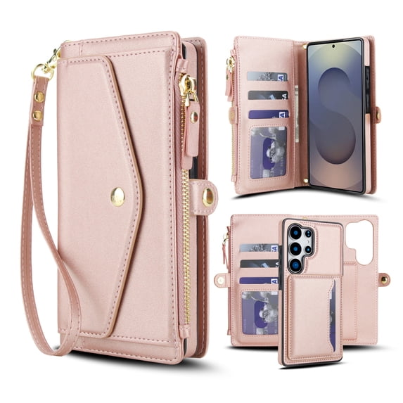 Dteck Detachable Wallet Case for Samsung Galaxy S21 FE,Magnetic Leather Case 2 in 1 Card Slots Pocket Compatible with MagSafe Shockproof Cover with Wrist Strap/Shoulder Strap,Rosegold