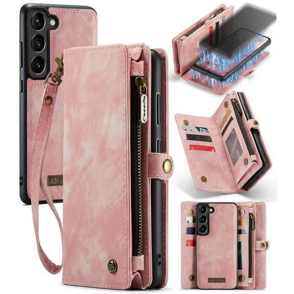 Dteck Detachable Wallet Case for Samsung Galaxy S23,Multi-Functional Leather Zipper Purse Cover Shockproof Rubber Card Slots & Removable Magnetic Case with Strap for Galaxy S23, Pink