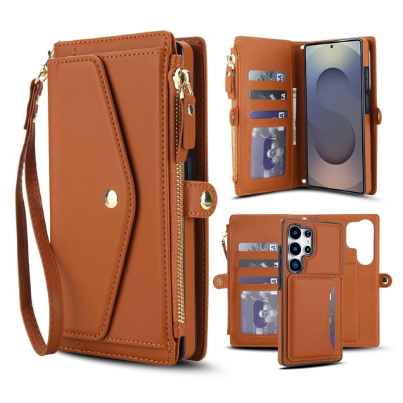 Dteck Detachable Wallet Case for Samsung Galaxy S25 Edge,Magnetic Leather Case 2 in 1 Card Slots Pocket Compatible with MagSafe Shockproof Cover with Wrist Strap/Shoulder Strap,Brown