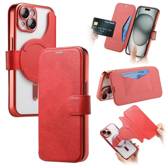 Dteck Detachable Wallet Case for iPhone 13,Magnetic Leather Card Slot Wallet Case Removable Plating TPU Case Built-in Camera Lens Protector Compatible with MagSafe Kickstand Cover,Red
