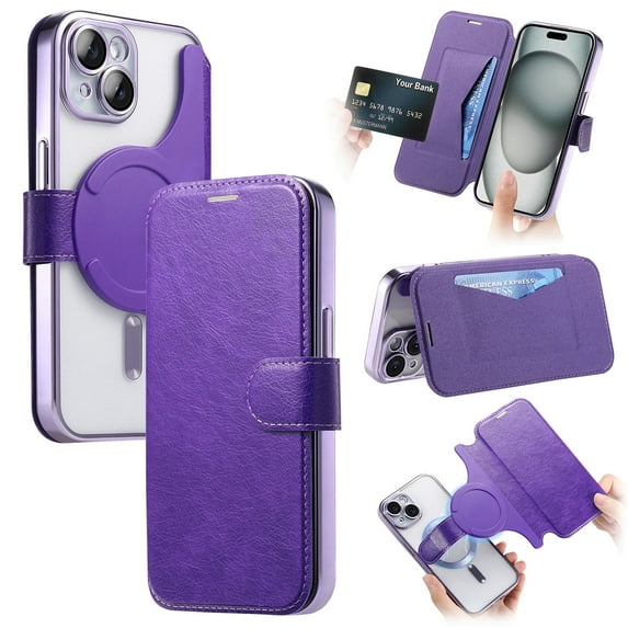 Dteck Detachable Wallet Case for iPhone 14,Magnetic Leather Card Slot Wallet Case Removable Plating TPU Case Built-in Camera Lens Protector Compatible with MagSafe Kickstand Cover,Purple