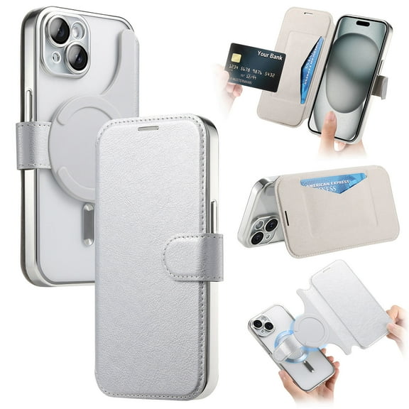 Dteck Detachable Wallet Case for iPhone 15,Magnetic Leather Card Slot Wallet Case Removable Plating TPU Case Built-in Camera Lens Protector Compatible with MagSafe Kickstand Cover,Silver