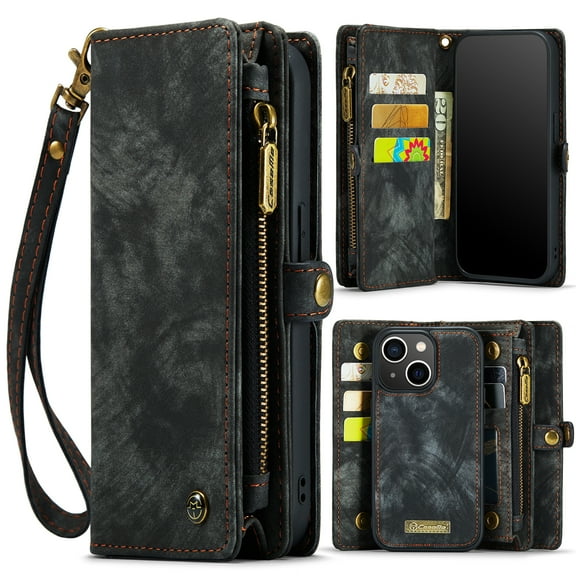 Dteck Detachable Wallet Case for iPhone 15,Multi-Functional Premium PU Leather Zipper Purse Cover Shockproof Rubber Card Slots & Removable Magnetic Case with Strap,Black