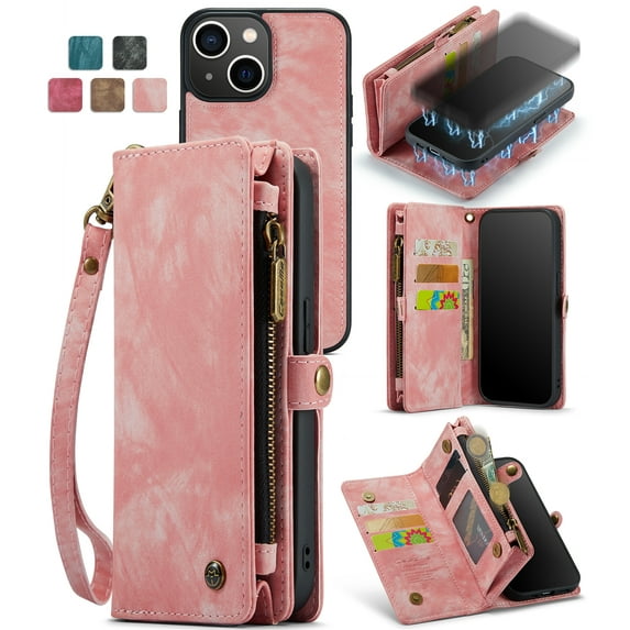 Dteck Detachable Wallet Case for iPhone 15 Plus,Multi-Functional Premium PU Leather Zipper Purse Cover Shockproof Rubber Card Slots & Removable Magnetic Case with Strap,Pink