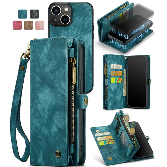 Dteck Detachable Wallet Case for iPhone 15 Plus,Multi-Functional Premium PU Leather Zipper Purse Cover Shockproof Rubber Card Slots & Removable Magnetic Case with Strap,Green