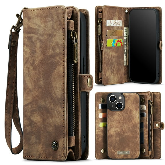 Dteck Detachable Wallet Case for iPhone 15 Plus,Multi-Functional Premium PU Leather Zipper Purse Cover Shockproof Rubber Card Slots & Removable Magnetic Case with Strap,Darkbrown