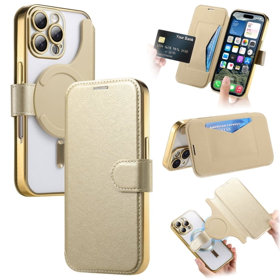 Dteck Detachable Wallet Case for iPhone 15 Pro,Magnetic Leather Card Slot Wallet Case Removable Plating TPU Case Built-in Camera Lens Protector Compatible with MagSafe Kickstand Cover,Gold