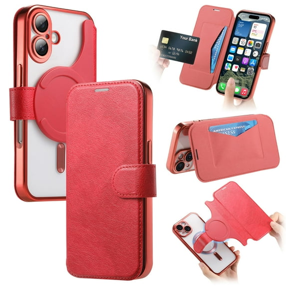 Dteck Detachable Wallet Case for iPhone 16,Magnetic Leather Card Slot Wallet Case Removable Plating TPU Case Built-in Camera Lens Protector Compatible with MagSafe Kickstand Cover,Red