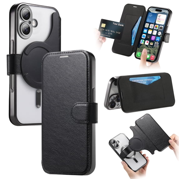 Dteck Detachable Wallet Case for iPhone 16,Magnetic Leather Card Slot Wallet Case Removable Plating TPU Case Built-in Camera Lens Protector Compatible with MagSafe Kickstand Cover,Black