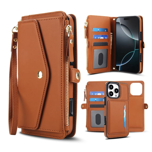 Dteck Detachable Wallet Case for iPhone 16,Magnetic Leather Case 2 in 1 Card Slots Pocket Compatible with MagSafe Shockproof Cover with Wrist Strap/Shoulder Strap,Brown