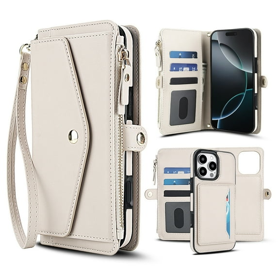 Dteck Detachable Wallet Case for iPhone 16 Plus,Magnetic Leather Case 2 in 1 Card Slots Pocket Compatible with MagSafe Shockproof Cover with Wrist Strap/Shoulder Strap,White