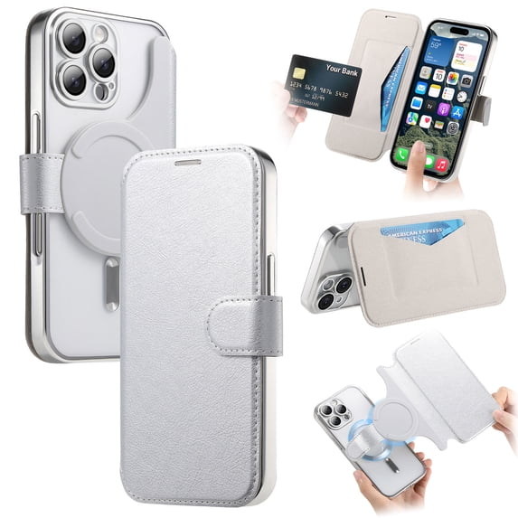 Dteck Detachable Wallet Case for iPhone 16 Pro,Magnetic Leather Card Slot Wallet Case Removable Plating TPU Case Built-in Camera Lens Protector Compatible with MagSafe Kickstand Cover,Silver