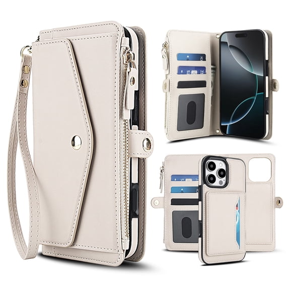 Dteck Detachable Wallet Case for iPhone 16 Pro,Magnetic Leather Case 2 in 1 Card Slots Pocket Compatible with MagSafe Shockproof Cover with Wrist Strap/Shoulder Strap,White