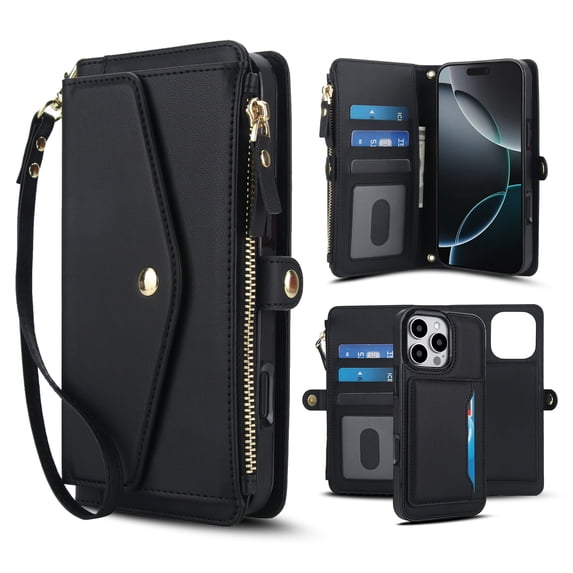 Dteck Detachable Wallet Case for iPhone 16 Pro,Magnetic Leather Case 2 in 1 Card Slots Pocket Compatible with MagSafe Shockproof Cover with Wrist Strap/Shoulder Strap,Black
