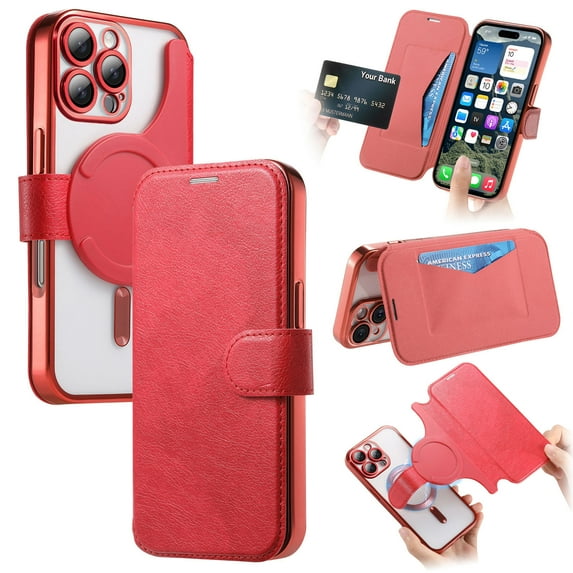 Dteck Detachable Wallet Case for iPhone 16 Pro Max,Magnetic Leather Card Slot Wallet Case Removable Plating TPU Case Built-in Camera Lens Protector Compatible with MagSafe Kickstand Cover,Red