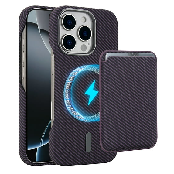 Dteck Detachable Wallet Case for iPhone 16 Pro Max,Shockproof Carbon Fiber Texture PC Case Compatible with Mag Safe Leather Card Slot Pocket for iPhone 16 Pro Max,Purple