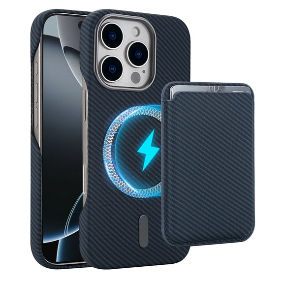 Dteck Detachable Wallet Case for iPhone 16 Pro Max,Shockproof Carbon Fiber Texture PC Case Compatible with Mag Safe Leather Card Slot Pocket for iPhone 16 Pro Max,Blue
