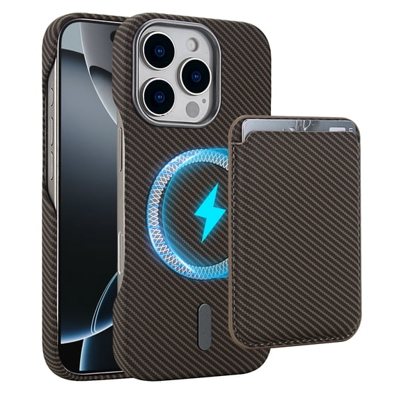 Dteck Detachable Wallet Case for iPhone 16,Shockproof Carbon Fiber Texture PC Case Compatible with Mag Safe Leather Card Slot Pocket for iPhone 16,Brown