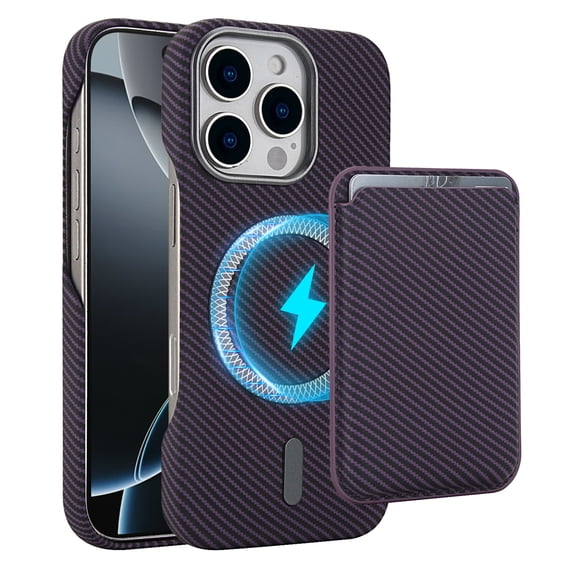 Dteck Detachable Wallet Case for iPhone 16,Shockproof Carbon Fiber Texture PC Case Compatible with Mag Safe Leather Card Slot Pocket for iPhone 16,Purple