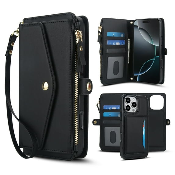 Dteck Detachable Wallet Case for iPhone XS Max,Magnetic Leather Case 2 in 1 Card Slots Pocket Compatible with MagSafe Shockproof Cover with Wrist Strap/Shoulder Strap,Black