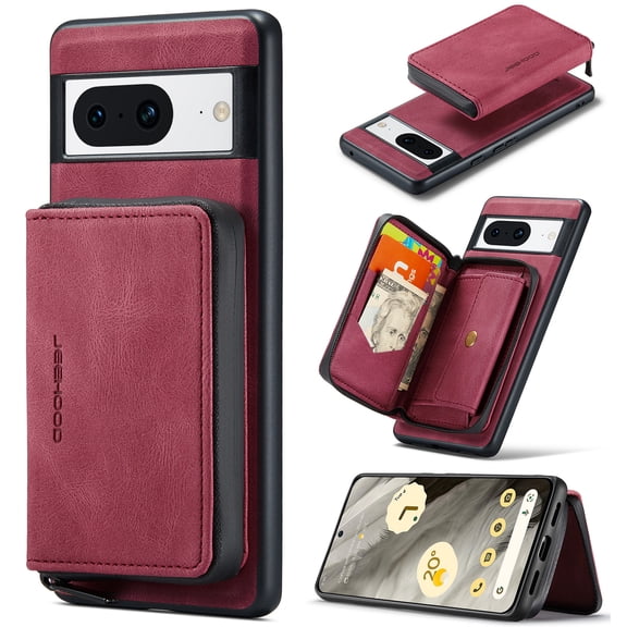 Dteck Detachable Zipper Wallet Case for Google Pixel 8,Magnetic Leather Card Pocket Bag Removable 2 in 1 Case Shockproof Rubber Kickstand Back Cover,Red
