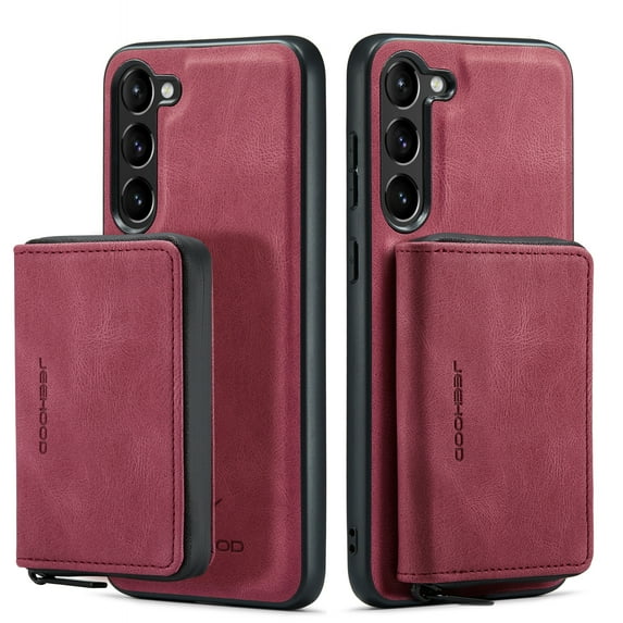 Dteck Detachable Zipper Wallet Case for Samsung Galaxy S23 Plus/S23+,Magnetic Leather Card Pocket Bag Removable 2 in 1 Case Shockproof Rubber Kickstand Cover,Red