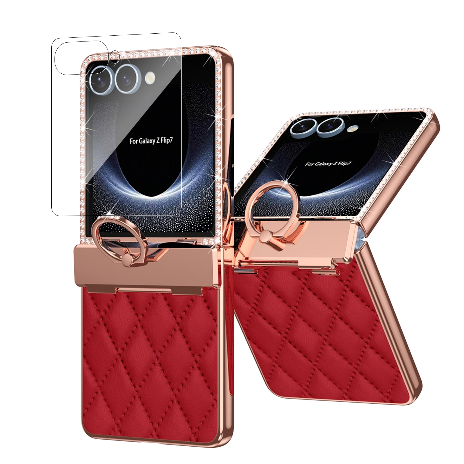 Dteck Diamond Case for Samsung Galaxy Z Flip 7 with Hinge Protection and Ring Holder, Luxury Sparkly Plating Shockproof Phone Cover with Screen Protector for Galaxy Z Flip 7,Red