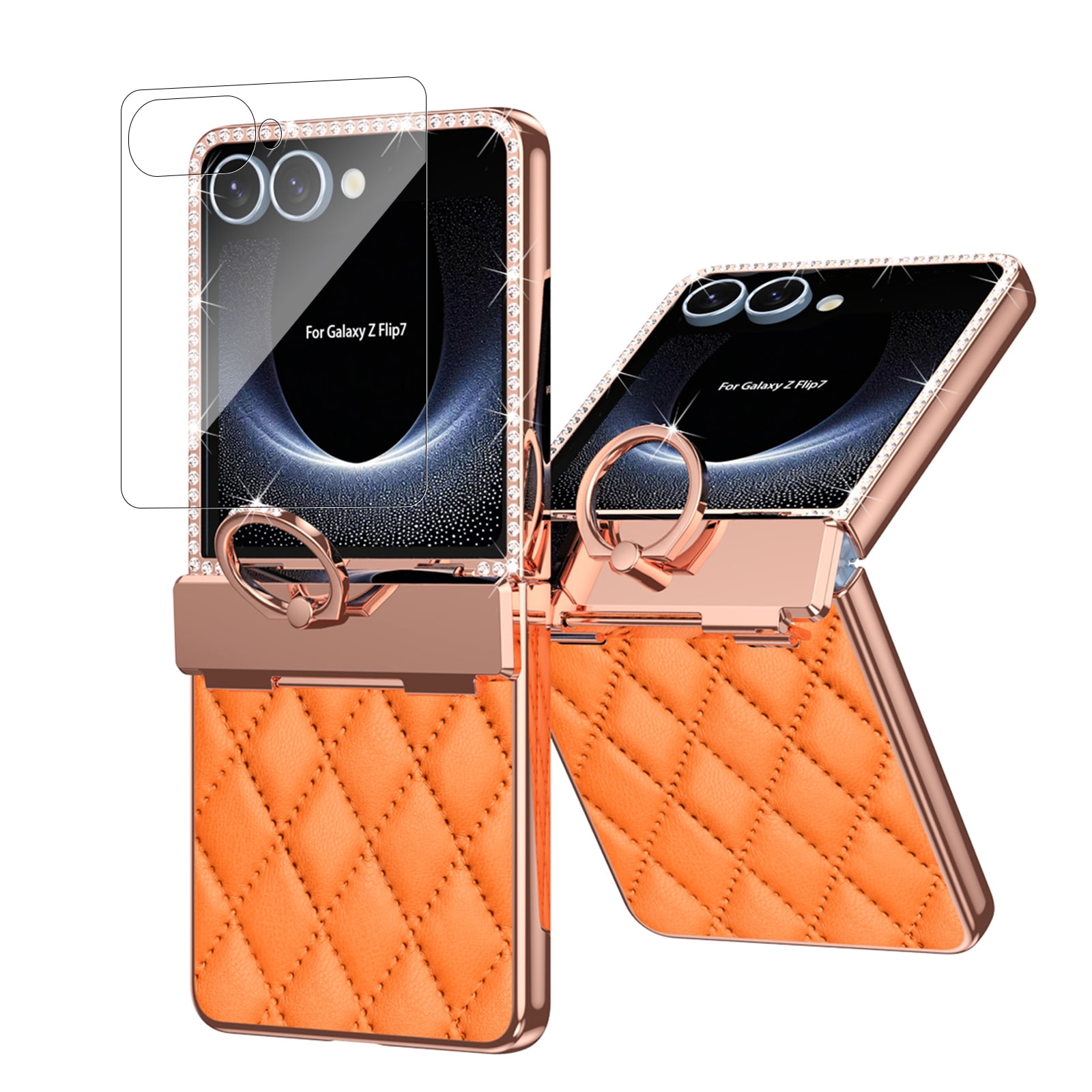Dteck Diamond Case for Samsung Galaxy Z Flip 7 with Hinge Protection and Ring Holder, Luxury Sparkly Plating Shockproof Phone Cover with Screen Protector for Galaxy Z Flip 7,Orange