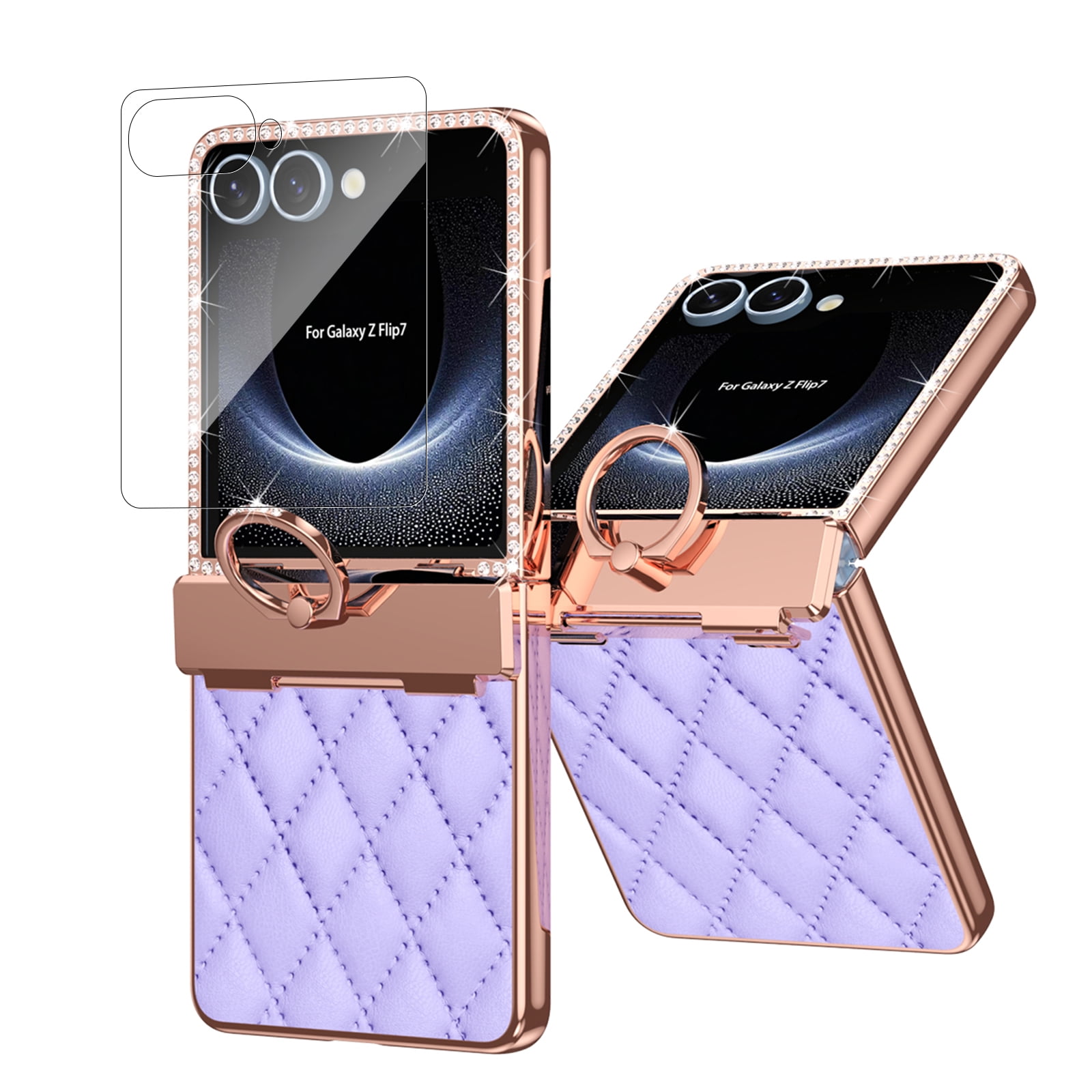 Dteck Diamond Case for Samsung Galaxy Z Flip 7 with Hinge Protection and Ring Holder, Luxury Sparkly Plating Shockproof Phone Cover with Screen Protector for Galaxy Z Flip 7,Purple