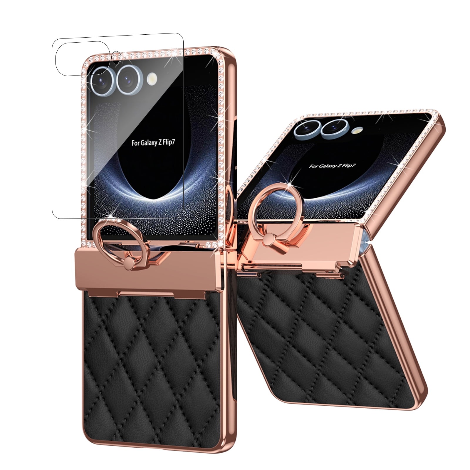 Dteck Diamond Case for Samsung Galaxy Z Flip 7 with Hinge Protection and Ring Holder, Luxury Sparkly Plating Shockproof Phone Cover with Screen Protector for Galaxy Z Flip 7,Black