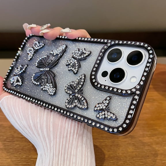 Dteck Diamond Case for iPhone 15 Pro Max, Glitter 3D Butterfly Diamond Camera Protection Shockproof for iPhone 15 Pro Max Case for Women Girls,Black