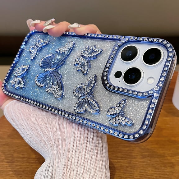 Dteck Diamond Case for iPhone 16 Pro Max, Glitter 3D Butterfly Diamond Camera Protection Shockproof for iPhone 16 Pro Max Case for Women Girls,Blue