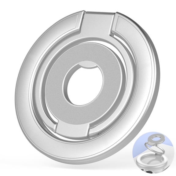 Dteck Double Magnetic Phone Ring Holder and Finger Grip Kickstand, Compatible with MagSafe, iPhones, Androids, and Car Mounts,Silver