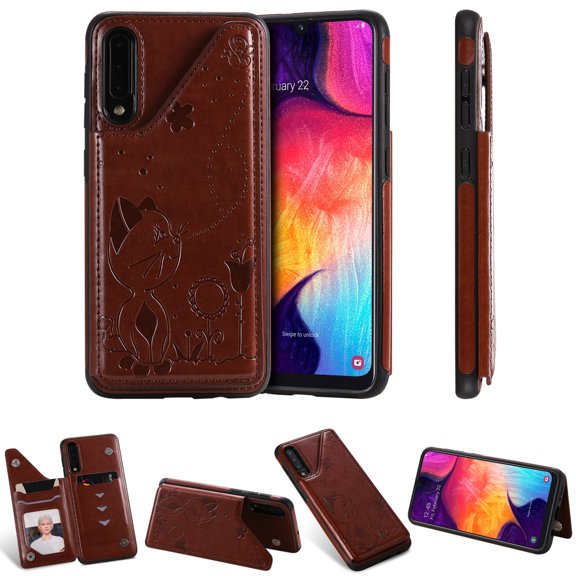 Dteck Embossed Case For Samsung Galaxy A50 A50s A30s, Embossed Tree PU Leather Flip Back Stand Case Built-in Card/Money Slots Wallet Back Soft Cover, Brown Cat