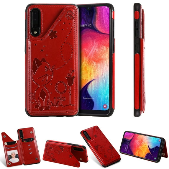Dteck Embossed Case For Samsung Galaxy A50 A50s A30s, Embossed Tree PU Leather Flip Back Stand Case Built-in Card/Money Slots Wallet Back Soft Cover, Red Cat