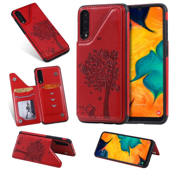 Dteck Embossed Case For Samsung Galaxy A50 A50s A30s, Embossed Tree PU Leather Flip Back Stand Case Built-in Card/Money Slots Wallet Back Soft Cover, Red Tree