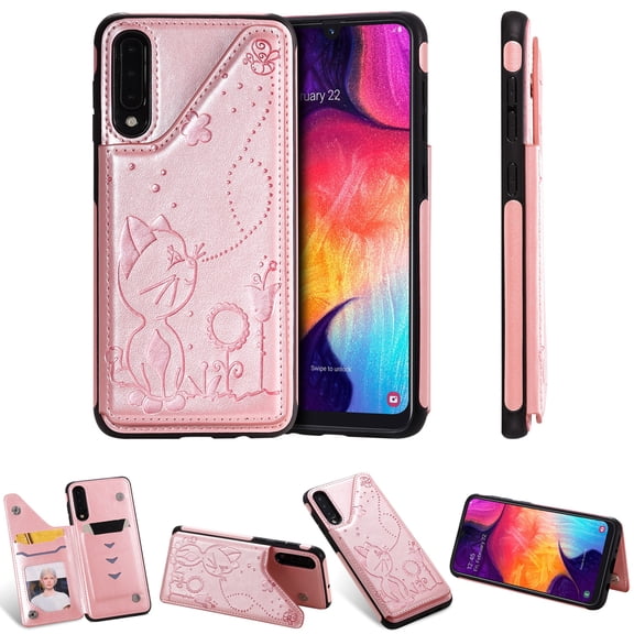 Dteck Embossed Case For Samsung Galaxy A50 A50s A30s, Embossed Tree PU Leather Flip Back Stand Case Built-in Card/Money Slots Wallet Back Soft Cover, Rosegold Cat
