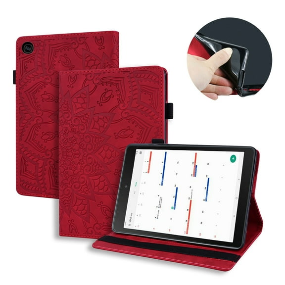 Dteck Embossed Case For Samsung Galaxy Tab A 10.1 2019 Model SM-T510/T515, 3D Embossed Flower PU Leather Flip Cover Wallet Case Built-in 4 Card Slots, Pencil Holder, Multi-angels Viewing, Red